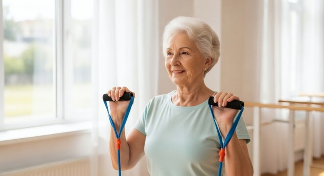 Senior woman engaging in strength training exercises with resistance bands indoors