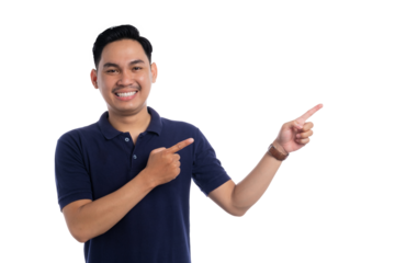 Smiling man pointing to the side with both hands presenting or showing copy space isolated on transparent background
