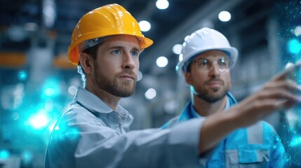 AI workforce solutions concept, Two engineers collaborating in a modern industrial setting, focused on a digital interface.