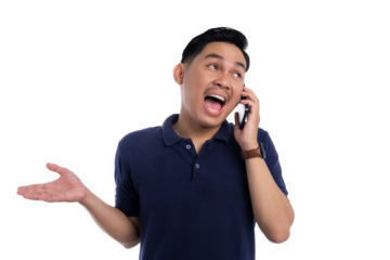Funny man talking on smartphone with surprised and expressive face gesture isolated on transparent background