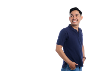 Happy man standing with hands in pockets smiling and looking aside wearing navy blue polo shirt isolated on transparent background
