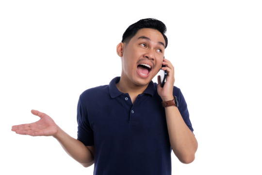 Funny man talking on smartphone with surprised and expressive face gesture isolated on transparent background