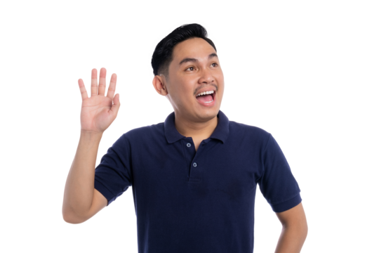 Cheerful man waving hand and smiling while looking up wearing navy blue polo shirt isolated on transparent background