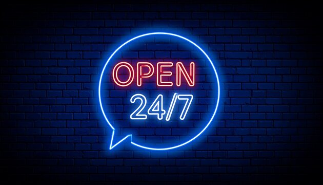 Neon sign graphic of open 24/7