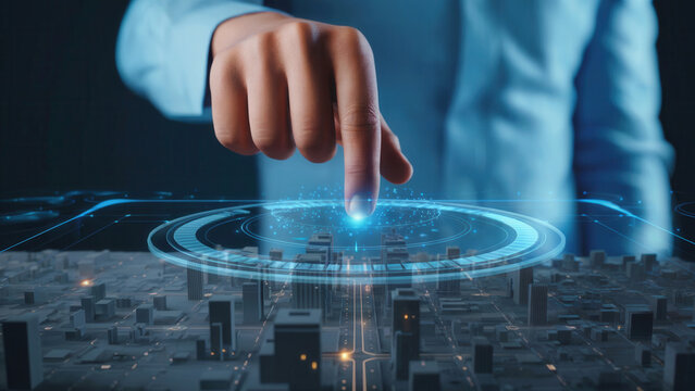Finger touches futuristic digital interface over city model