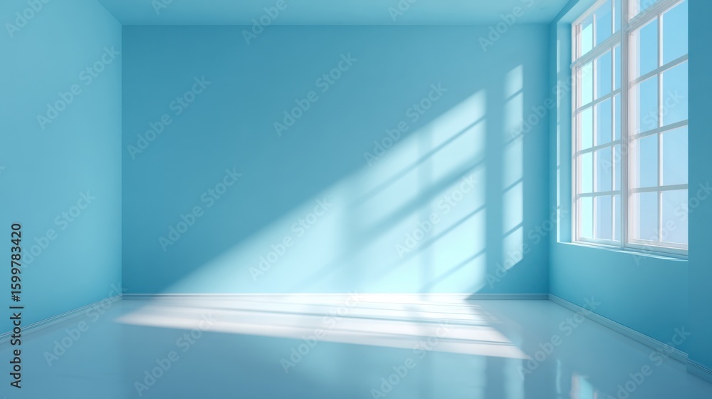 Poster a tranquil room features vibrant blue walls and a glossy floor. sunlight casts soft shadows through 