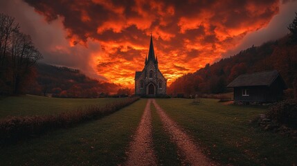 Obraz premium Fiery sunset over church