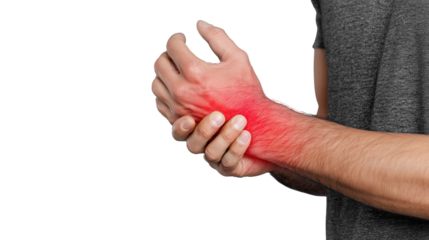 A man is holding his hand in pain, with a red color on his arm, isolated over a transparent background. The closeup view shows the wrist or palm area, which is curved in shape and has a pink skin tone