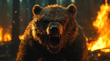 Grizzly Rage: A Fiery Forest Encounter