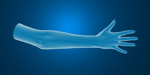Transparent blue digital rendering of a human arm against a dark blue background.