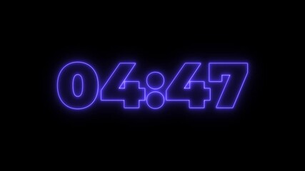 5 Minute countdown animation. Simple count-down timer of 5 minute.5 minute countdown timer .5 minute stopwatch , analog neon clock icon animation .5 minutes countdown timer animation with glowing neon