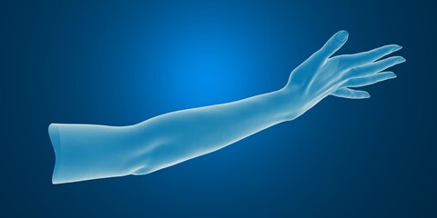 Digital 3D rendering of a human arm reaching out against a gradient blue background.