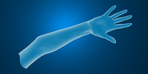 Illustration of a human arm and hand in transparent, glowing blue on a dark background.
