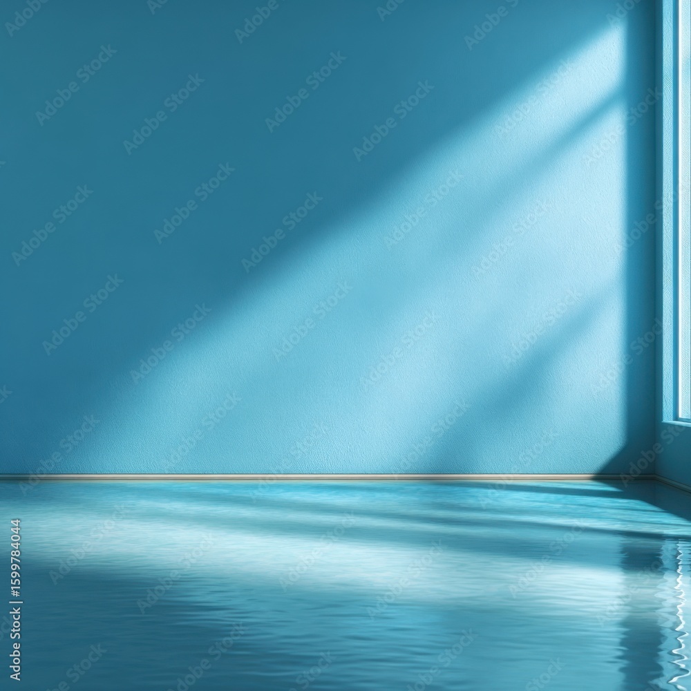 Poster a tranquil blue room features gentle sunlight streaming through a window, casting soft shadows and r