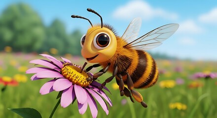 Cheerful 3D Rendered Bumble Bee on Purple Flower in Sunny Meadow