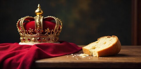 A regal crown sits atop a sparsely furnished table, next to a single, half-eaten loaf of bread, conveying a sense of regal hunger and scarcity , grain, hungry, plain