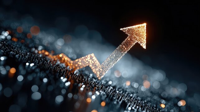 Rising arrow chart overlays abstract tech background, symbolizing big data analysis, financial growth, market success, and futuristic investment strategy in business economy.