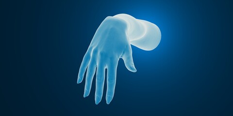 Futuristic glowing hand in a digital blue space, symbolizing technology and innovation.