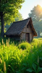 A rustic thatched hut nestled amongst tall, vibrant green grass, bathed in the warm glow of sunlight The scene evokes tranquility and a sense of peaceful seclusion in nature , rural, golden hour