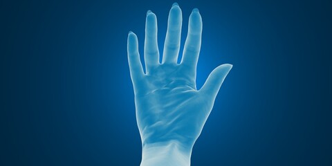 A digital X-ray image of an open hand against a blue gradient background.