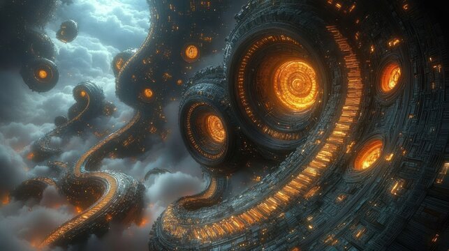 Floating, intricate, mechanical city in the clouds