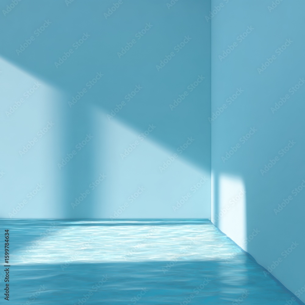 Poster soft light filters through a corner, casting gentle shadows on an empty blue floor. the atmosphere i