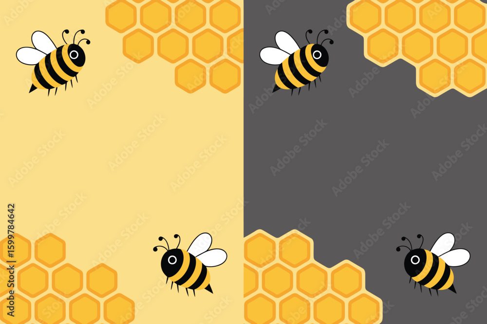 Poster cartoon bees and honeycombs on a split yellow and gray background with a simple and playful design