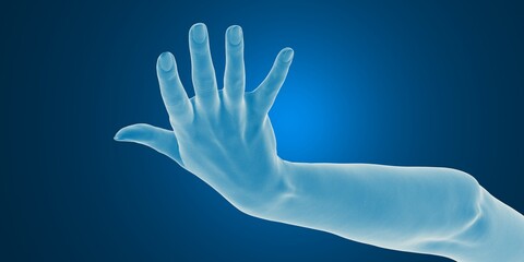 Digital rendering of a human hand extended against a blue gradient background.
