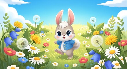 Fototapeta premium Adorable cartoon bunny in blue jacket joyfully hops through vibrant spring meadow, surrounded by wildflowers and dandelions.