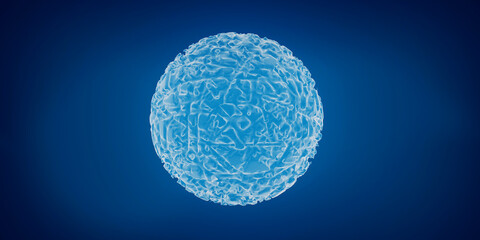 A translucent blue sphere with intricate patterns against a deep blue background.