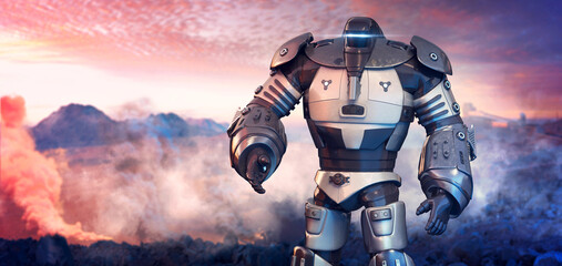 Futuristic robot standing in a volcanic landscape at sunset, showcasing advanced armor and technology.