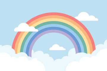 A whimsical illustration of a rainbow arching across a sky filled with fluffy white clouds and light blue