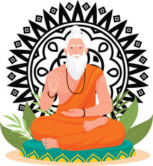 Meditating Guru with Mandala Background and Green Leaves Illustration Art