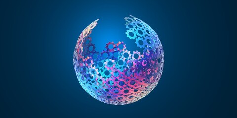 Abstract sphere with interlocking gears on a blue gradient background.