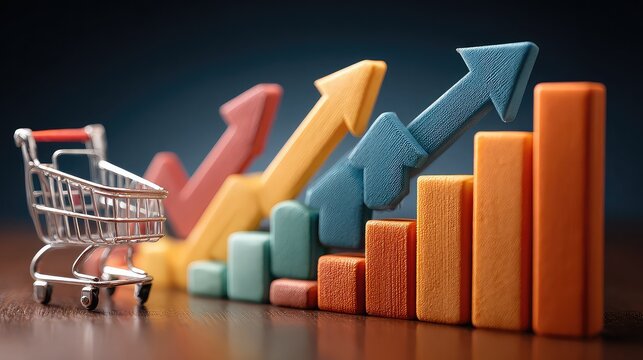 Sales strategy diagram with upward arrows and shopping cart, symbolizing revenue generation, business expansion, and commercial planning for success.