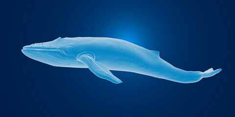 Artistic rendering of a blue whale on a deep blue background with a radiant glow.