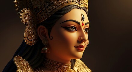 Exquisite portrait of goddess durga adorned in golden jewelry and royal attire