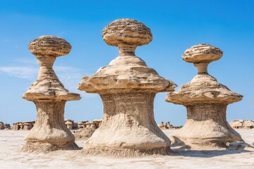 Three sculpted sandstone pillars in a desert landscape