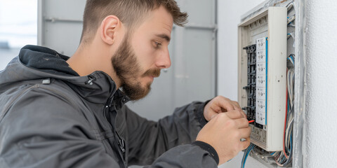 Ein Elektriker der an einen Stromkasten die Kabel anschlie&szlig;t. Rohbau Bauen Elektrik Arbeiter