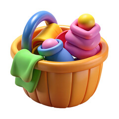 Colorful basket filled with toys and cloth isolated on a transparent background