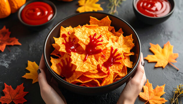 Spooky Halloween Nachos: Bloody Hands, Autumn Leaves, Dark Background.