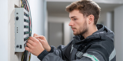 Ein Elektriker der an einen Stromkasten die Kabel anschlie&szlig;t. Rohbau Bauen Elektrik Arbeiter