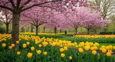 Fototapeta premium A Vibrant Spring Garden Bursting with Yellow Tulips and Blooming Cherry Trees