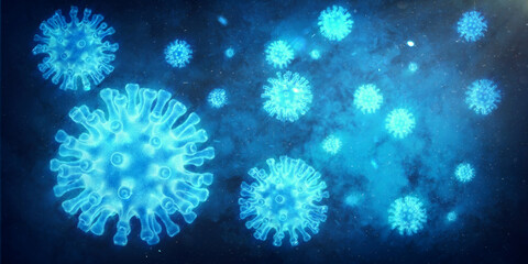 Digital rendering of blue virus particles floating in a cosmic background.