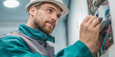 Ein Elektriker der an einen Stromkasten die Kabel anschlie&szlig;t. Rohbau Bauen Elektrik Arbeiter