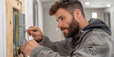 Ein Elektriker der an einen Stromkasten die Kabel anschlie&szlig;t. Rohbau Bauen Elektrik Arbeiter