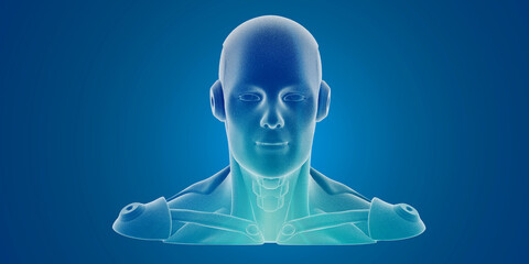 Futuristic humanoid figure with digital features on a gradient blue background.