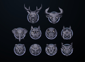 collection set of fantasy animal head badge medals in silver stone