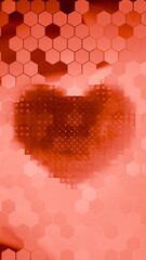 Heart shape constructed from red hexagons on seamless pink hexagon background