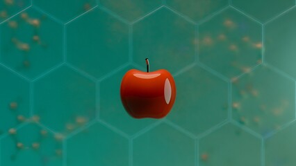 Red apple centered in front of molecular hexagon grid pattern green background